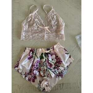 Women's 2pc Lingerie Set Floral Lace Cami Top Satin Shorts Sleepwear Pajama Sz M